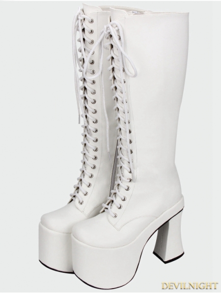 White Gothic PU Leather Lace Up High Heel Knee Boots - Devilnight.co.uk