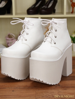 White Gothic PU Leather High Heel Lace Up Shoes