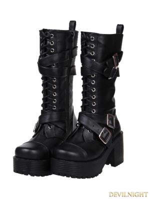 Black Gothic Punk Buckle Belt Lace-up PU Leather Chunky Heel Boots