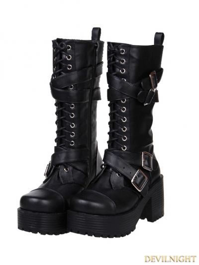 Black Gothic Punk Buckle Belt Lace-up PU Leather Chunky Heel Boots ...