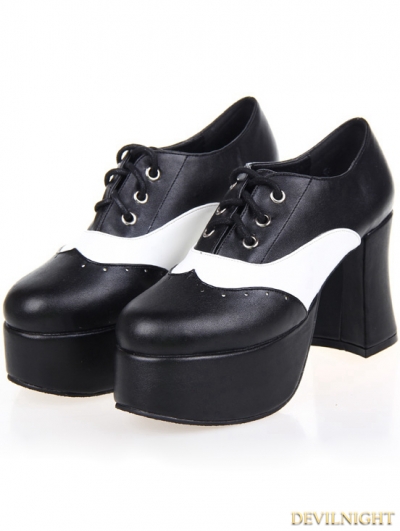 Black and White Gothic Punk PU Leather High Chunky Heel Shoes