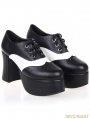 Black and White Gothic Punk PU Leather High Chunky Heel Shoes