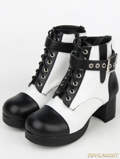 Black and White Gothic Punk PU Leather Buckle Belt Ankle Boots