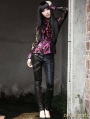 Black and Red Rose Pattern Gothic Long Lace Sleeves Blouse for women