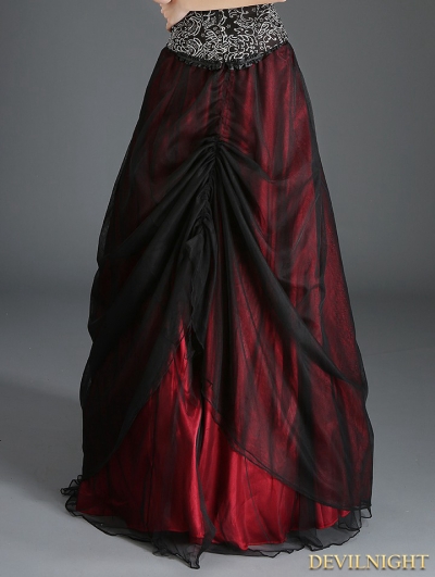 Black and Red Organza Gothic Long Skirt