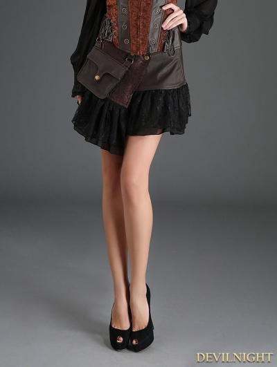 Coffee Steampunk Short PU Skirt with Pocket Bag