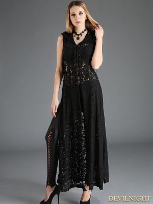 Black Gothic Lace Sleeveless Long Hoodie Outfit for Women