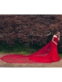 Red Off-the-Shoulder Lace Mermaid Gothic Wedding Dress with Shawl