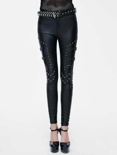 Black Gothic Punk PU Leather Rivets Pants for Women