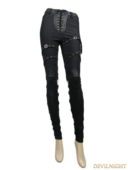 Black Gothic Punk Lace-up Hollow-Out Buckle Belts Womens Pants ...