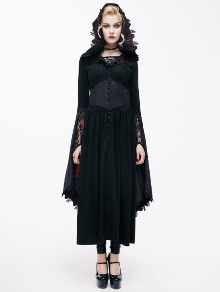 Black Romantic Gothic Vampire Style Hooded Dress - Devilnight.co.uk