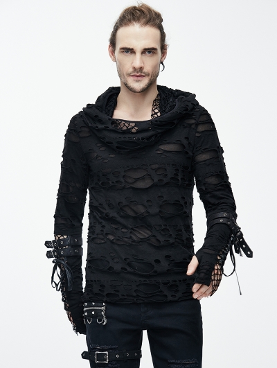 Black Gothic Hole Hooded Long Sleeves Shirt for Men