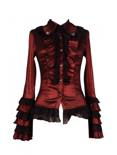 Red Long Sleeves Ruffle Gothic Blouse for Women