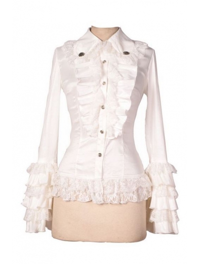 White Long Sleeves Ruffle Gothic Blouse for Women