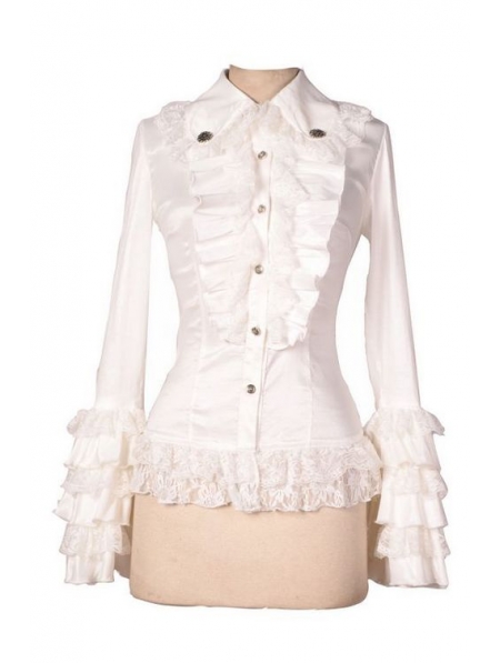 White Long Sleeves Ruffle Gothic Blouse for Women - Devilnight.co.uk