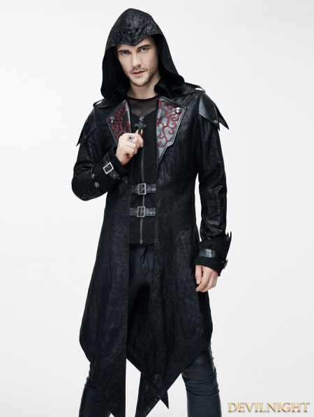 Black Vintage PU Leather Gothic Trench Coat for Men - Devilnight.co.uk