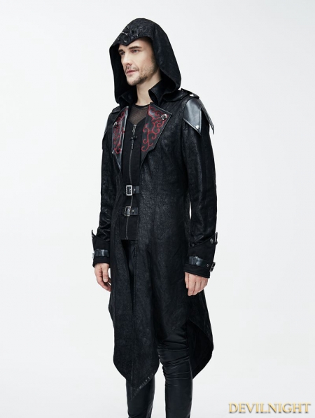 Black Vintage PU Leather Gothic Trench Coat for Men - Devilnight.co.uk