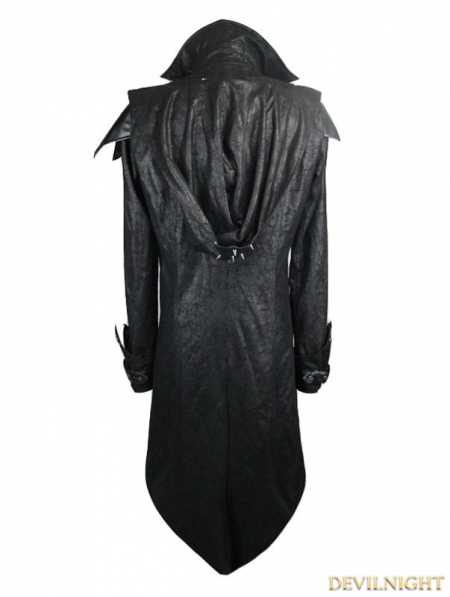 Black Vintage PU Leather Gothic Trench Coat for Men - Devilnight.co.uk