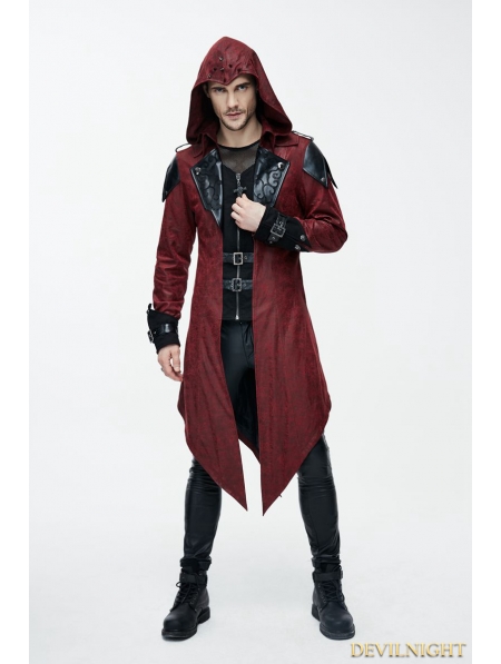 Black and Red Vintage PU Leather Gothic Trench Coat for Men ...