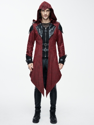 Black and Red Vintage PU Leather Gothic Trench Coat for Men