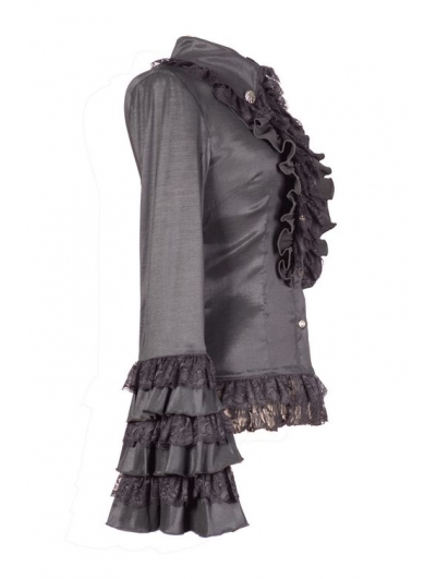 Black Long Sleeves Ruffle Gothic Blouse for Women