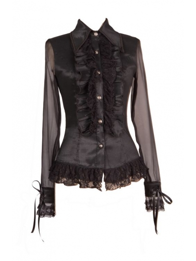 Black Sheer Long Sleeves Ruffle Gothic Blouse for Women