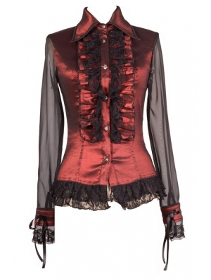 Red Sheer Long Sleeves Ruffle Gothic Blouse for Women