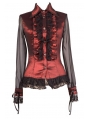 Red Sheer Long Sleeves Ruffle Gothic Blouse for Women