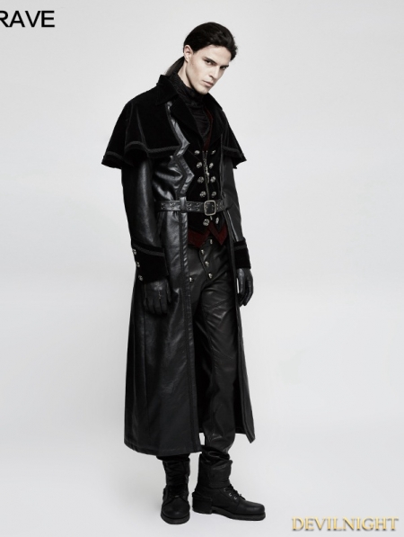 Black Gothic Cloak Long PU Leather Coat for Men - Devilnight.co.uk