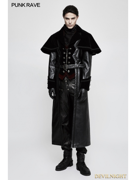 Black Gothic Cloak Long PU Leather Coat for Men - Devilnight.co.uk