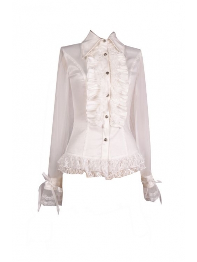 White Sheer Long Sleeves Ruffle Gothic Blouse for Women