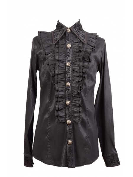 Black Long Sleeves Ruffle Gothic Blouse for Men - Devilnight.co.uk