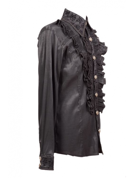 Black Long Sleeves Ruffle Gothic Blouse for Men - Devilnight.co.uk