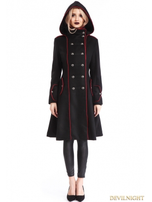 Black Gothic Hooded Double-Breasted Coat for Women