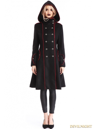 Black Gothic Hooded Double-Breasted Coat for Women