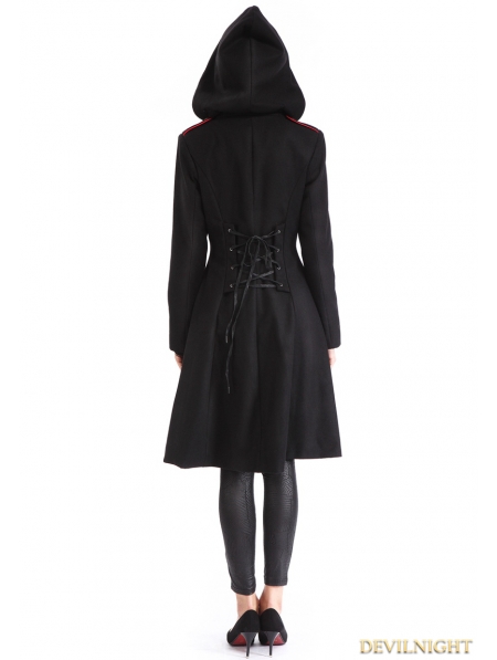 Black Gothic Hooded Double-Breasted Coat for Women - Devilnight.co.uk