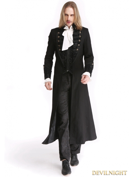 Black Vintage Pattern Gothic Long Double-Breasted Trench Coat for Men ...