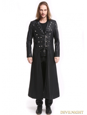 Black PU Leather Gothic Punk Military Style Long Trench Coat for Men