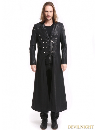 Black PU Leather Gothic Punk Military Style Long Trench Coat for Men