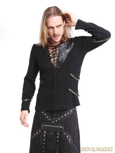 Black Gothic Punk Rivet Belt Long Sleeves T-Shirt for Men