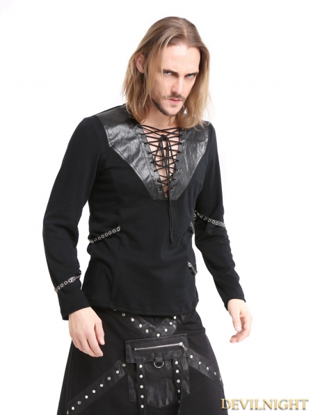 Black Gothic Punk Rivet Belt Long Sleeves T-Shirt for Men - Devilnight ...