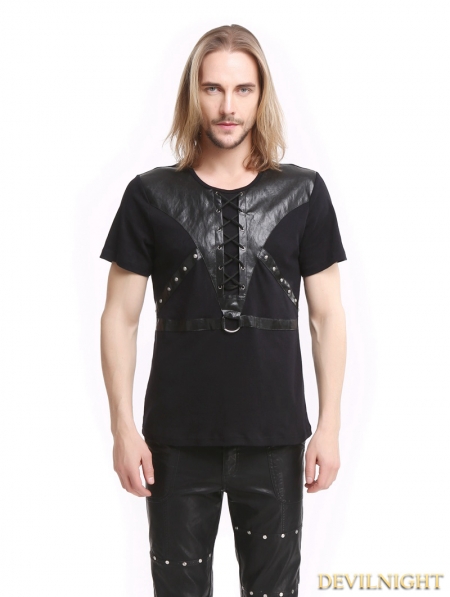 Black Gothic Punk Soilder Short Sleeves T-Shirt for Men - Devilnight.co.uk