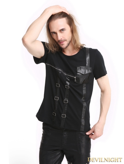 Black Gothic Punk Zipper Short Sleeves T-Shirt for Men