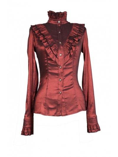 Red High Collar Long Sleeves Ruffle Gothic Blouse for Women