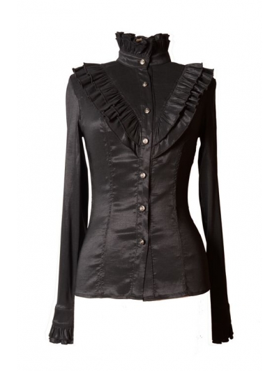 Black High Collar Long Sleeves Ruffle Gothic Blouse for Women