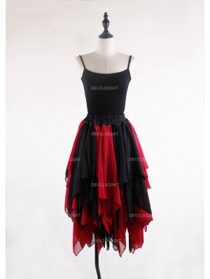 Black and Red Gothic Chiffon Irregular Knee Length Skirt