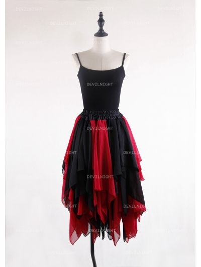 Black and Red Gothic Chiffon Irregular Knee Length Skirt