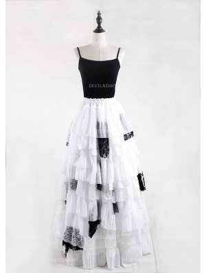 Black and White Gothic Irregular Chiffon Cupcake Long Maxi Skirt 