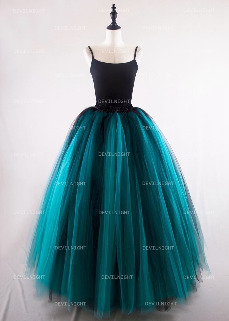 Black and Tiffany Blue Gothic Ball Gown Tulle Long Maxi Skirt 