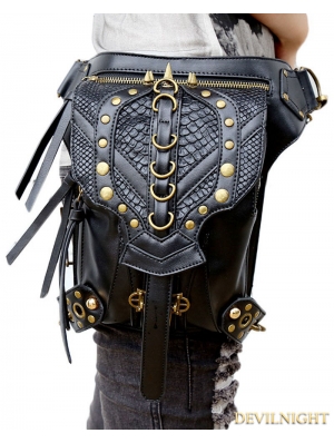 Black Gothic Punk Chain Cross-body Unisex Motorcycle Waist Shoulder Messenger Bag 